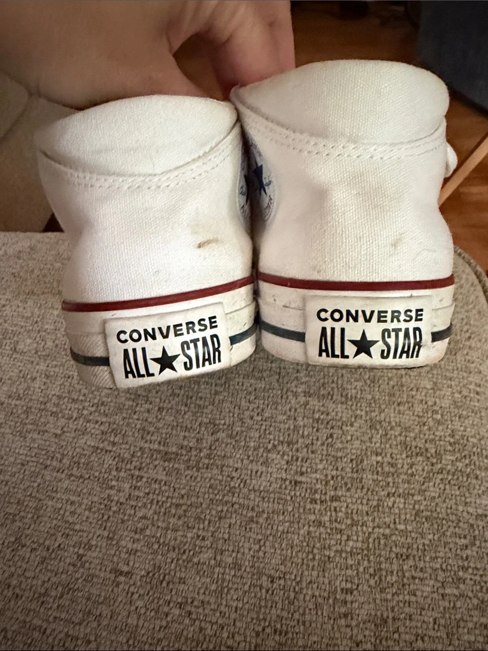 Converse White High Top Sneakers with Red Stripe